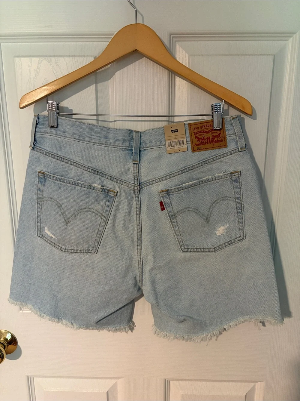 Levi's Light Blue Distressed 501 Denim Shorts - Picture 2 of 4
